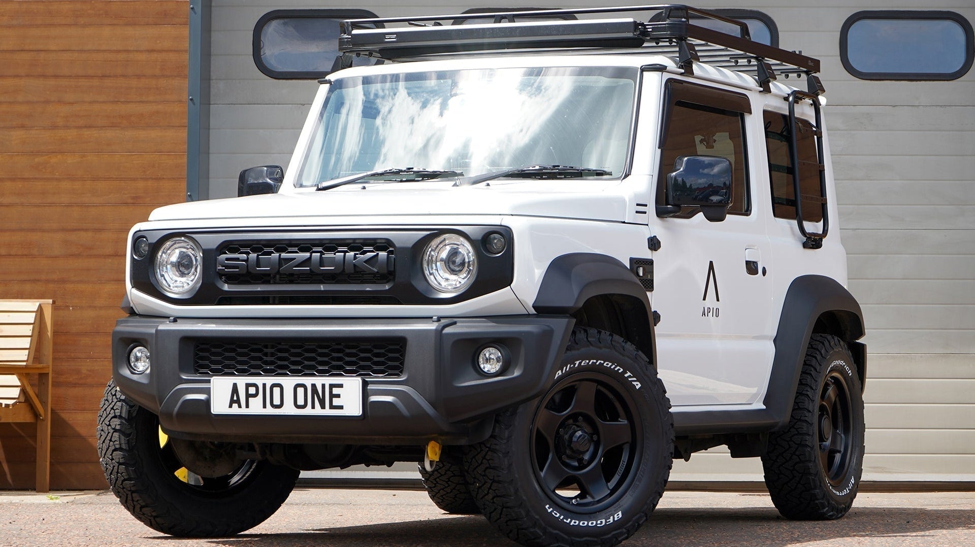 White Suzuki Jimny (2018+) with BRADLEY V Wheels, BF Goodrich KO3 tyres, APIO Decals and accessories
