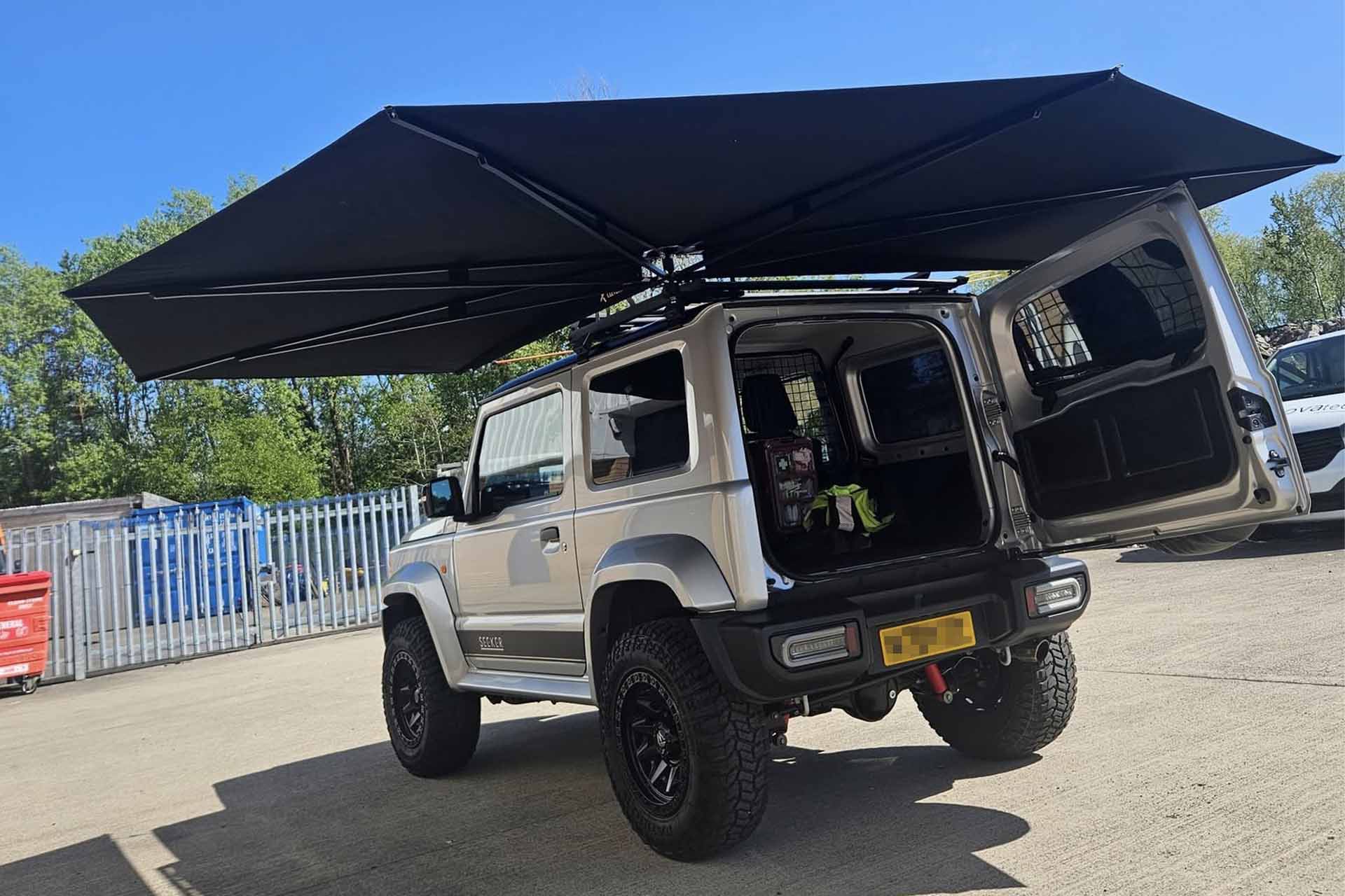 Suzuki Jimny (2018+) fitted with 3.6m Clevershade 270 Degree Ultra-Lite Awning and various JimnyStyle accessories