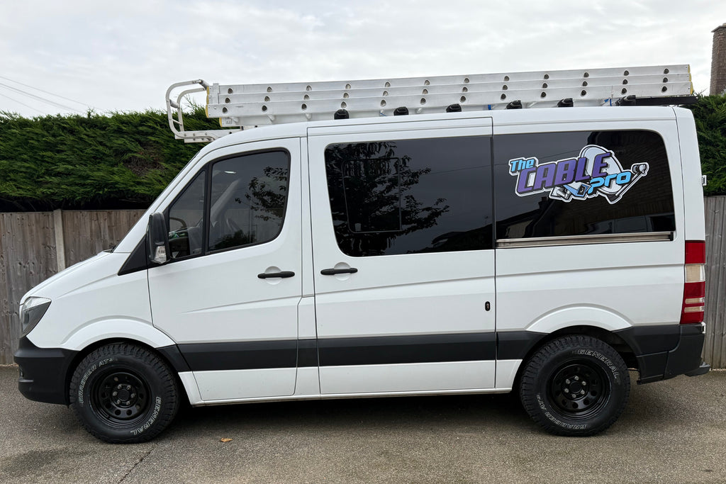 White Mercedes Sprinter Van fitted with Black DOTZ Modular Wheels