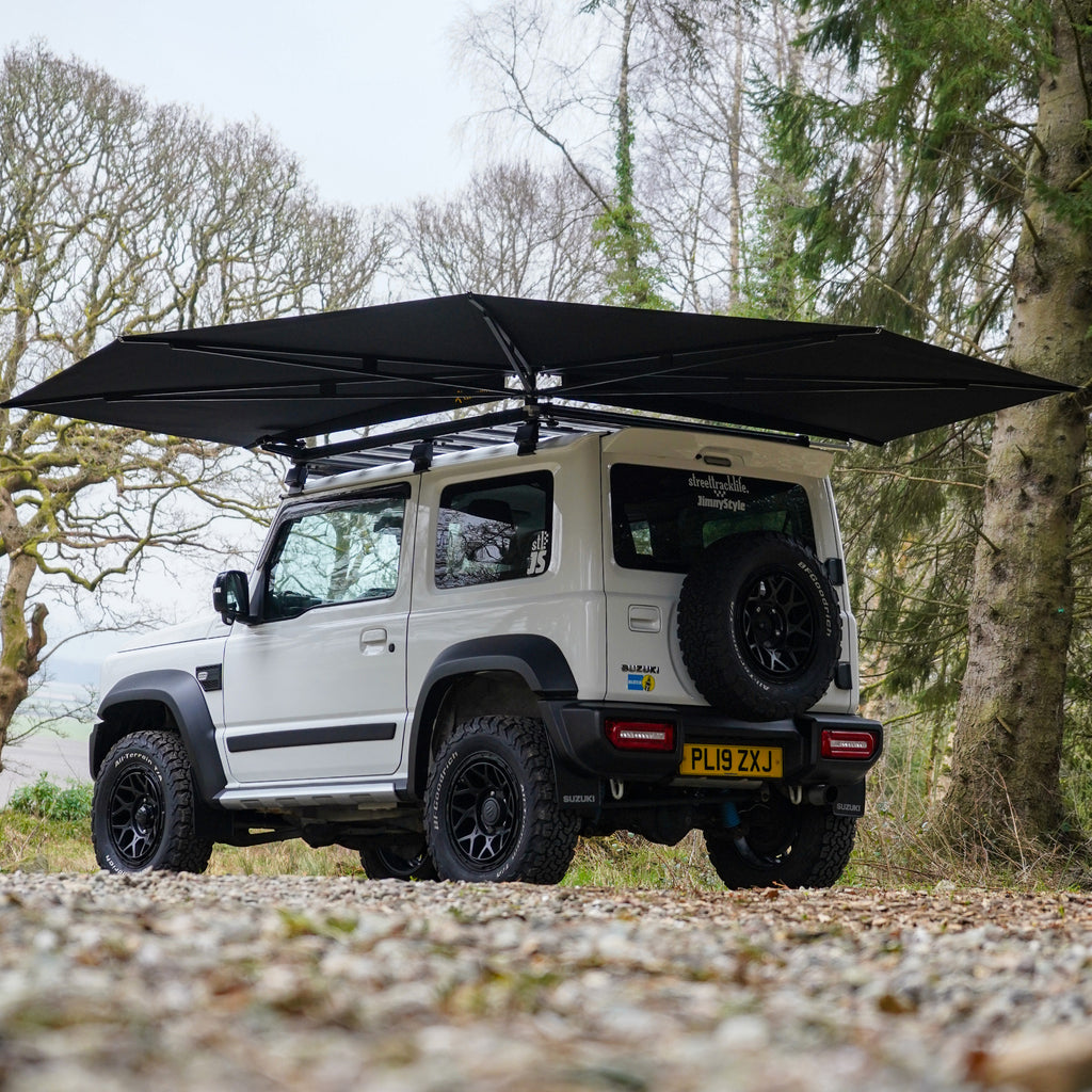 Clvershade 3.6m 270 degree awning fitted onto a Suzuki Jimny by Street Track Life