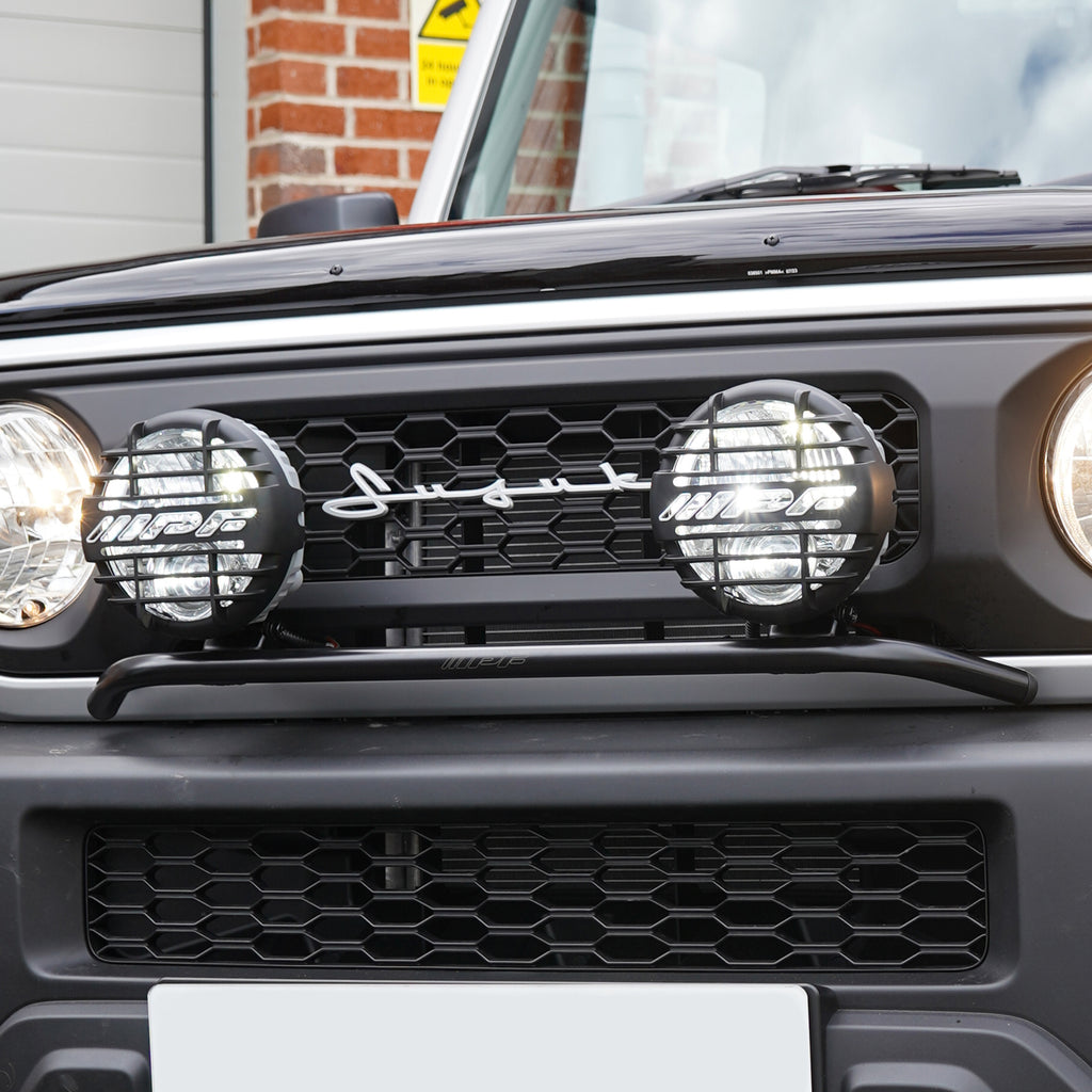 IPF Front Bumper Lamp Stay for Suzuki Jimny (2018+) with IPF lights IPF 950 Super Rally LED Spot & Driving Hybrid Lamps JimnyStyle fitted at Street Track Life
